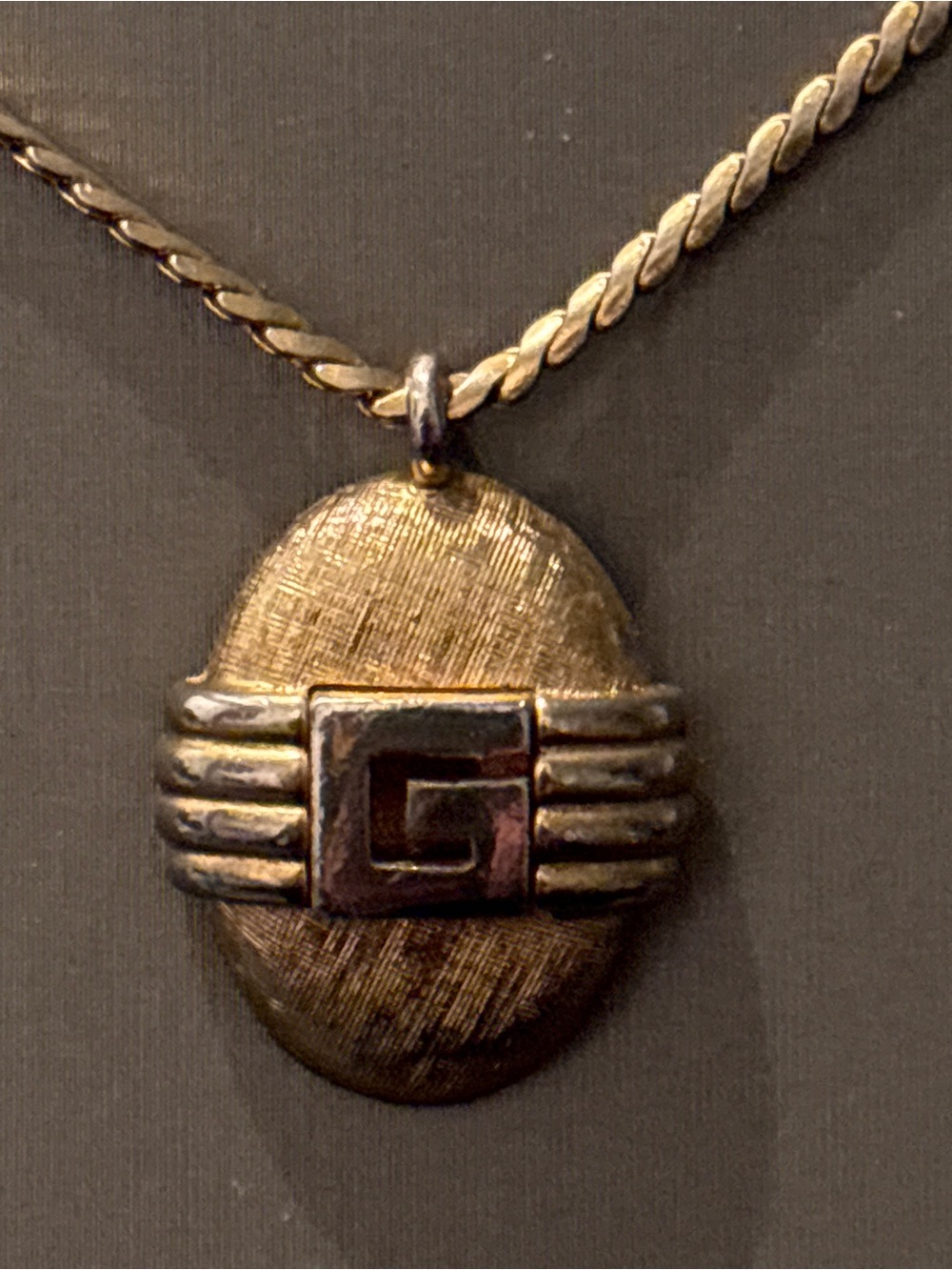 Gold Plate Givenchy Oval Pendant Necklace with 'G' Accent